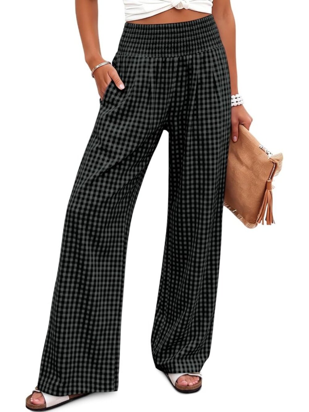 Lightweight Wide Leg Palazzo Pants - Women's Striped Gingham Trousers, Summer